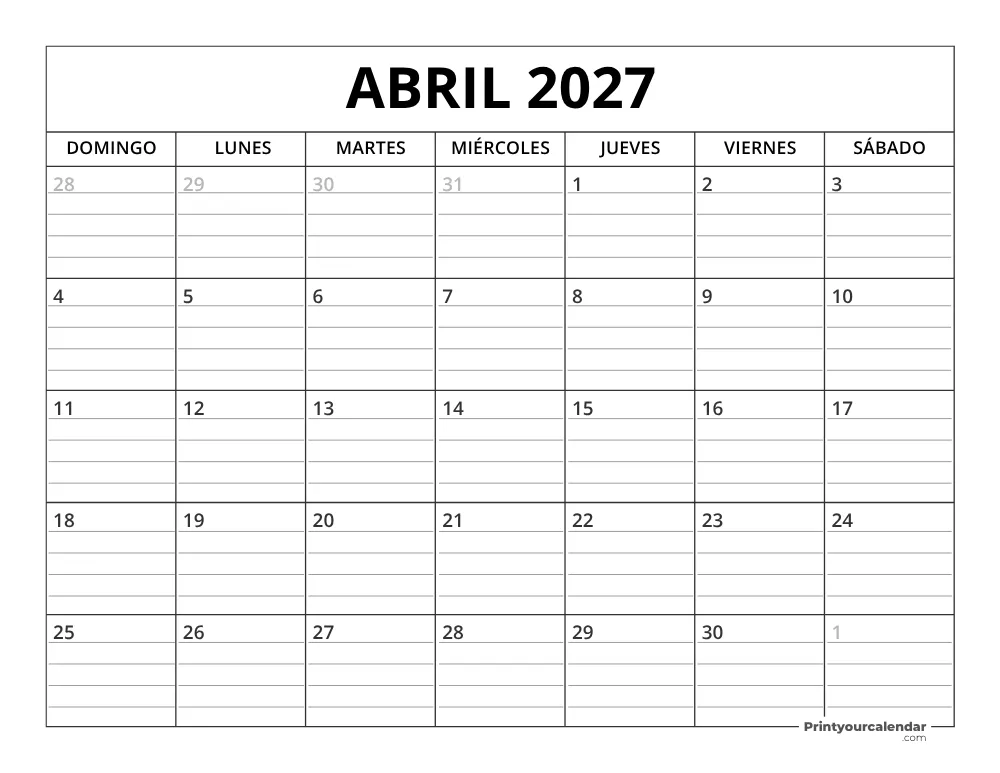 Plantilla de Calendario Abril de 2027