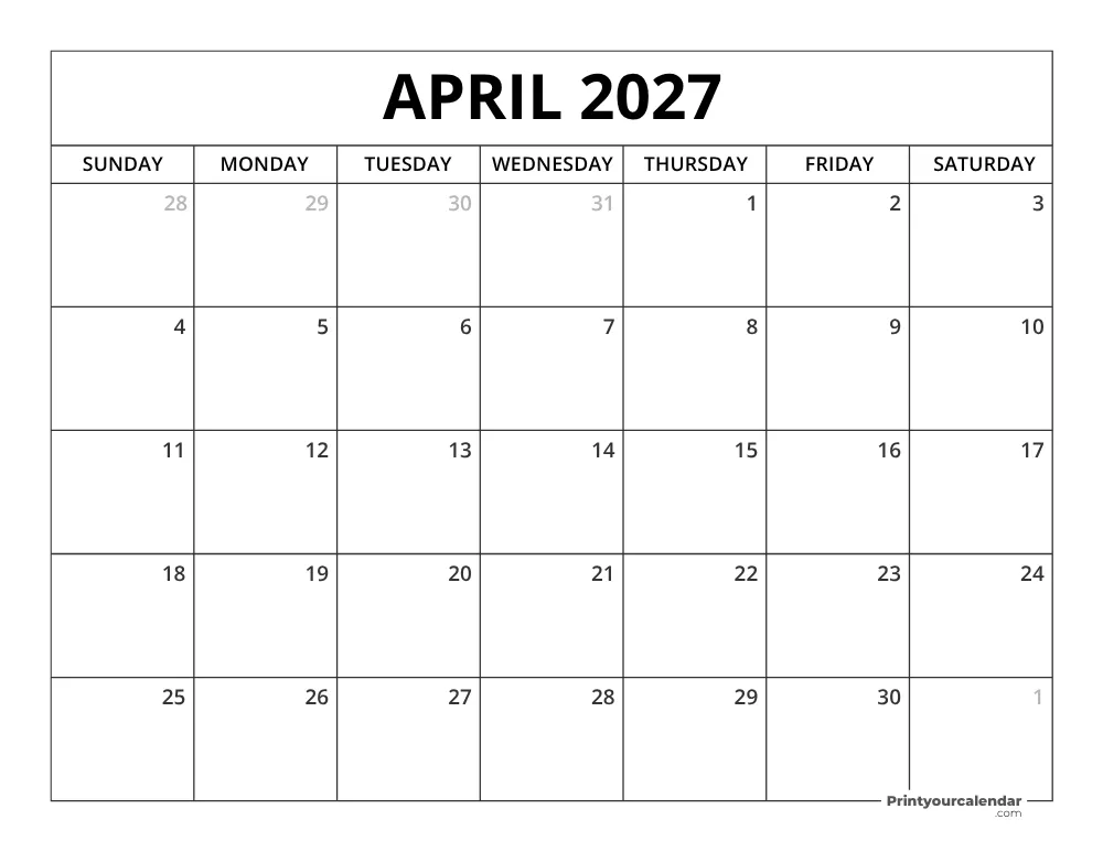 Printable April 2027 Calendar