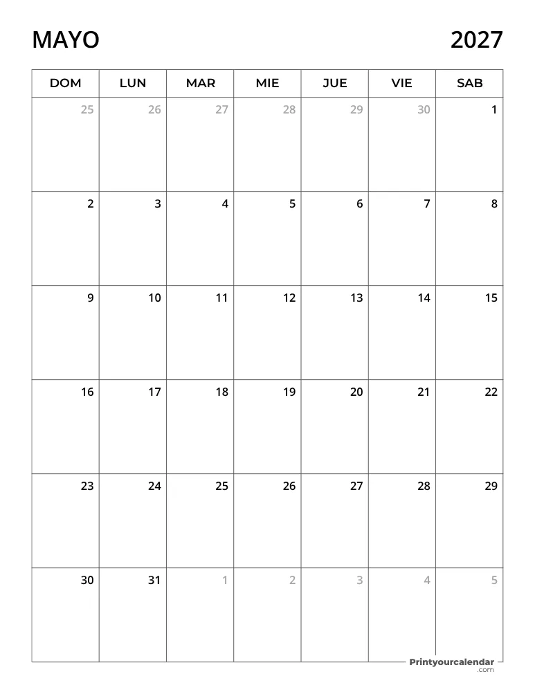 Calendario 2027 Mayo