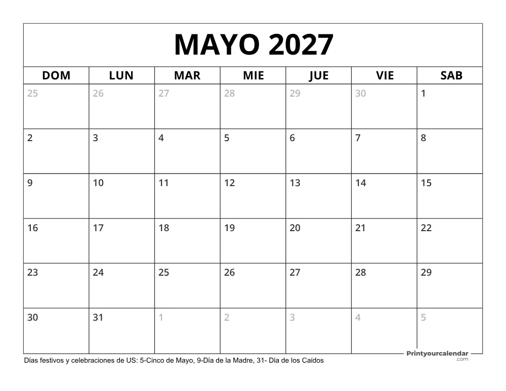 Calendario Mayo 2027 con Días Feriados