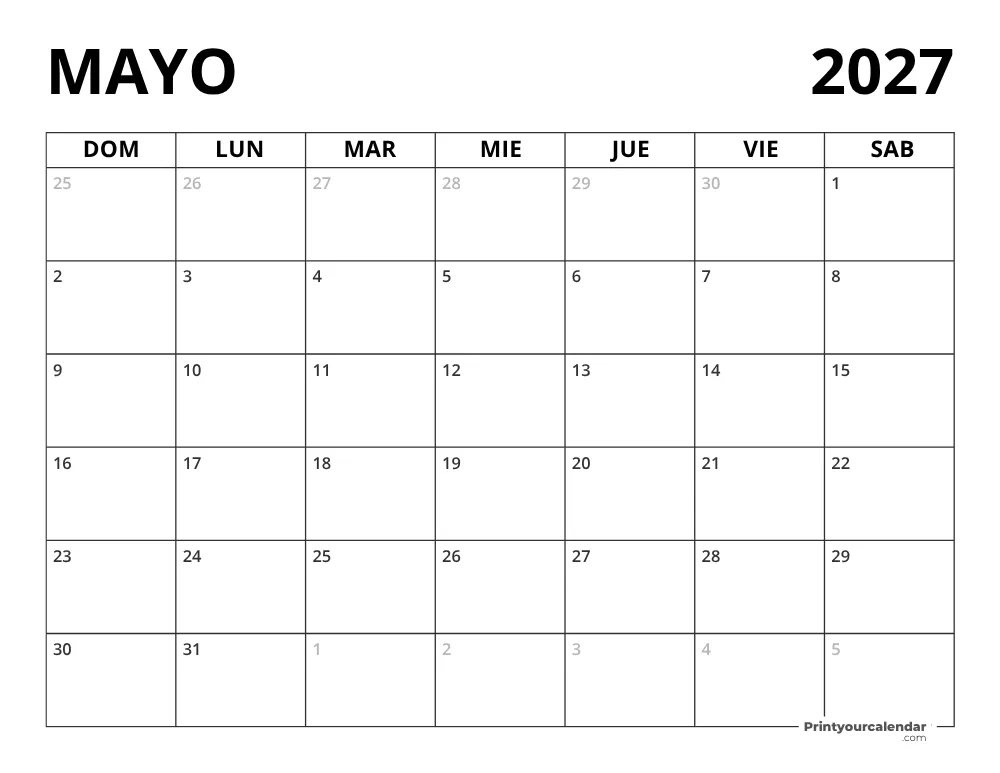 Calendario Mayo 2027 en blanco