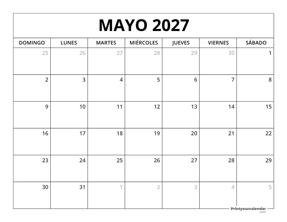 Calendario Mayo 2027 Para Imprimir