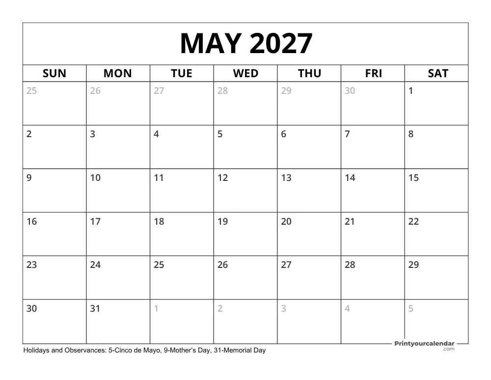 May 2027 Calendar with Holidays