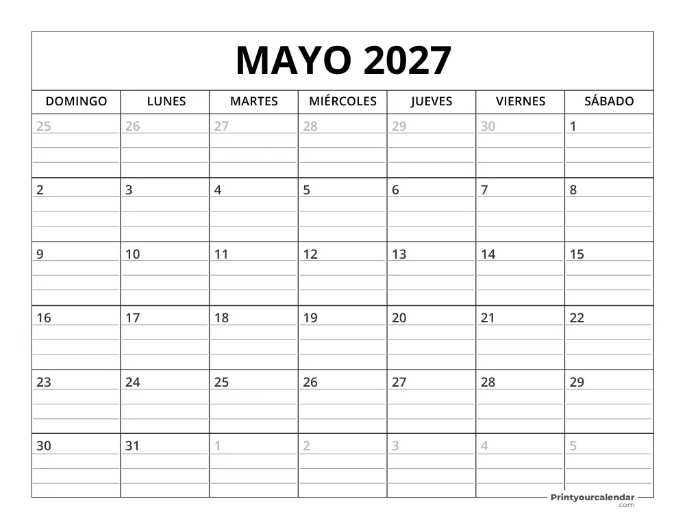 Plantilla de Calendario Mayo de 2027