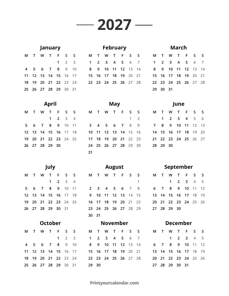 Calendario 2027 Comienza el Lunes