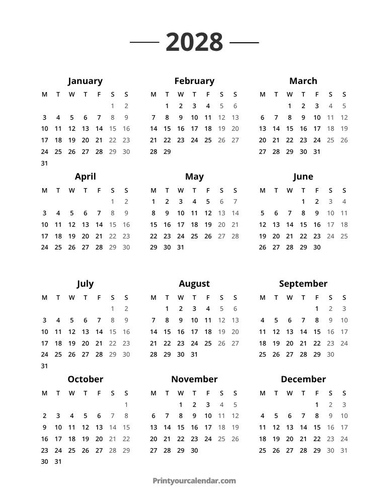 Calendario 2028 Comienza el Lunes