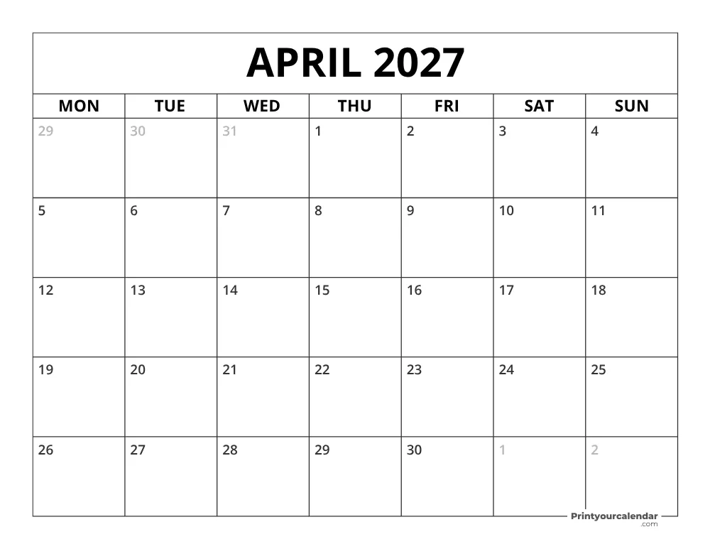 April 2027 Calendar Monday Start