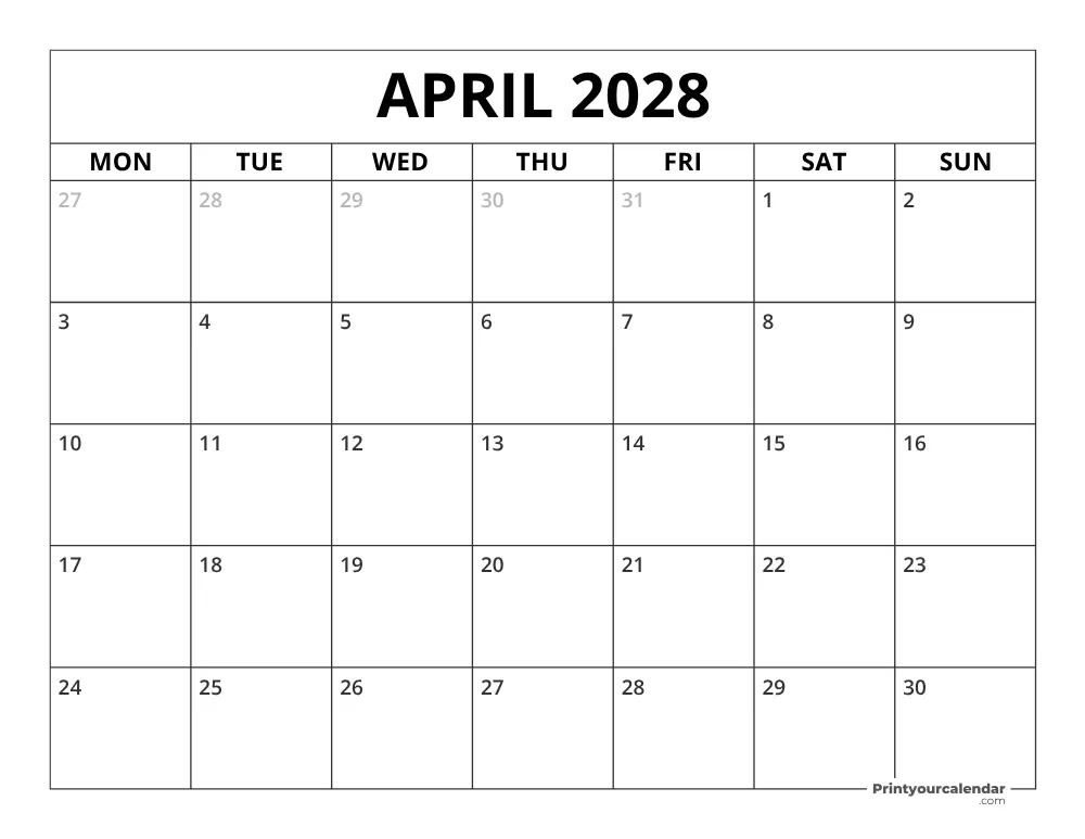 April 2028 Calendar Monday Start