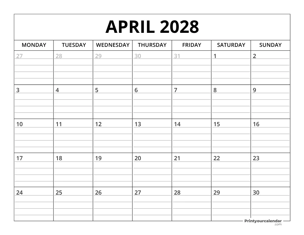 April 2028 Calendar Template Monday Start