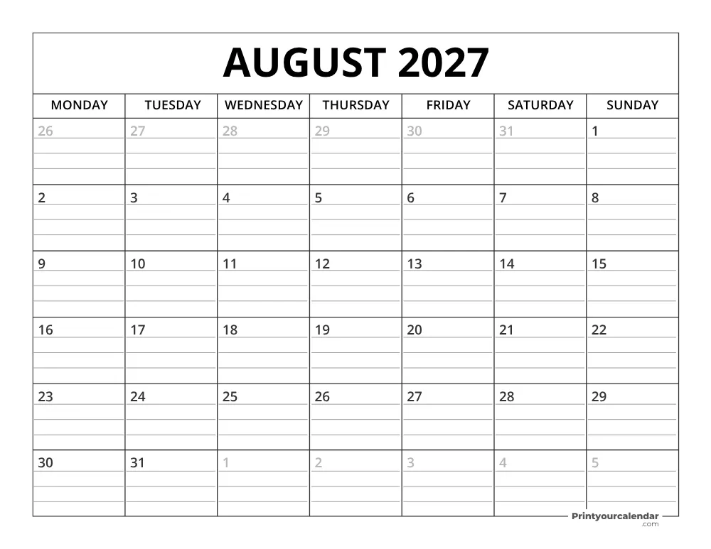 August 2027 Calendar Template Monday Start