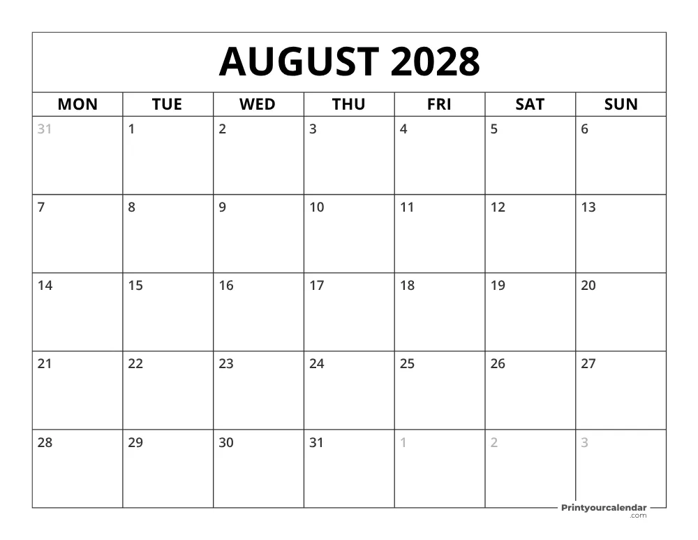 August 2028 Calendar Monday Start