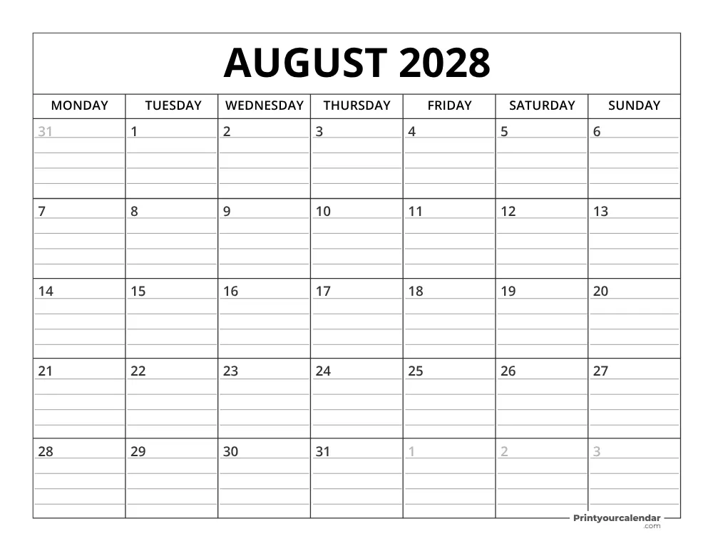August 2028 Calendar Template Monday Start