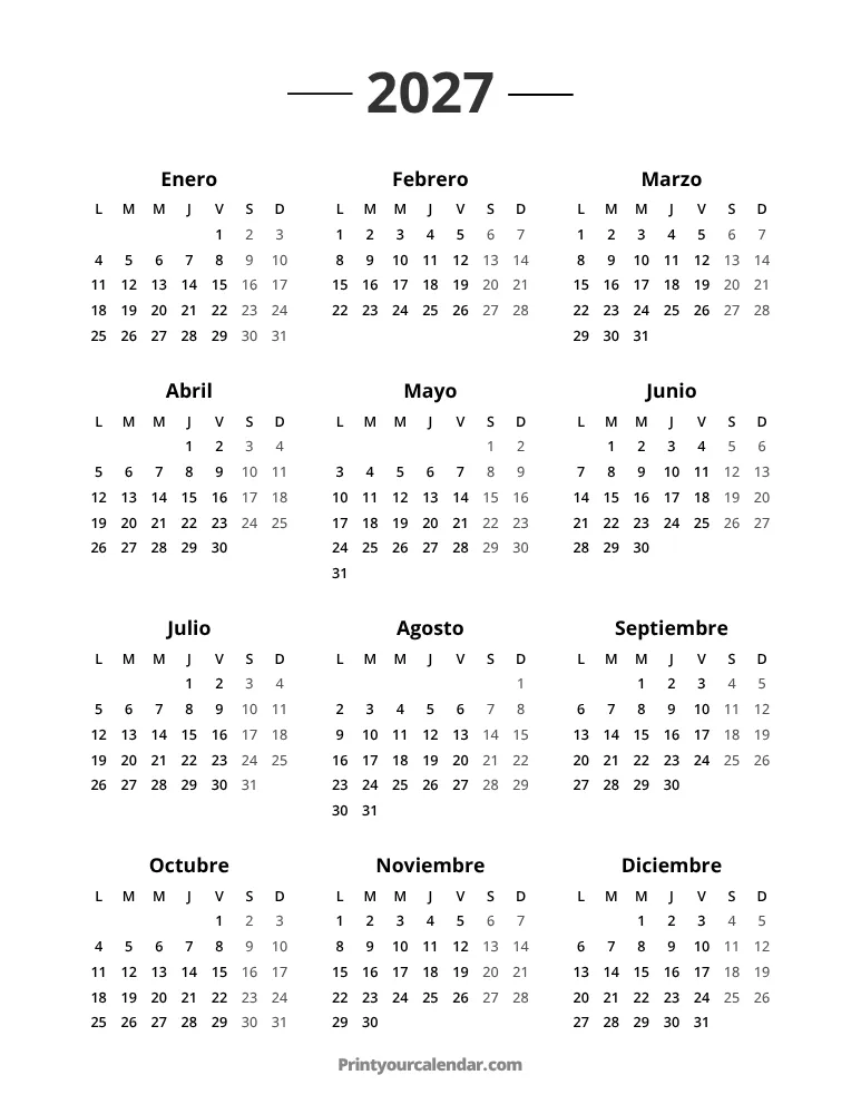Calendario 2027 Comienza el Lunes