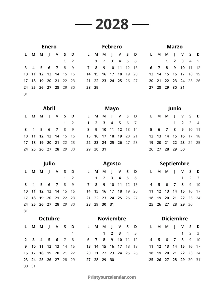 Calendario 2028 Comienza el Lunes