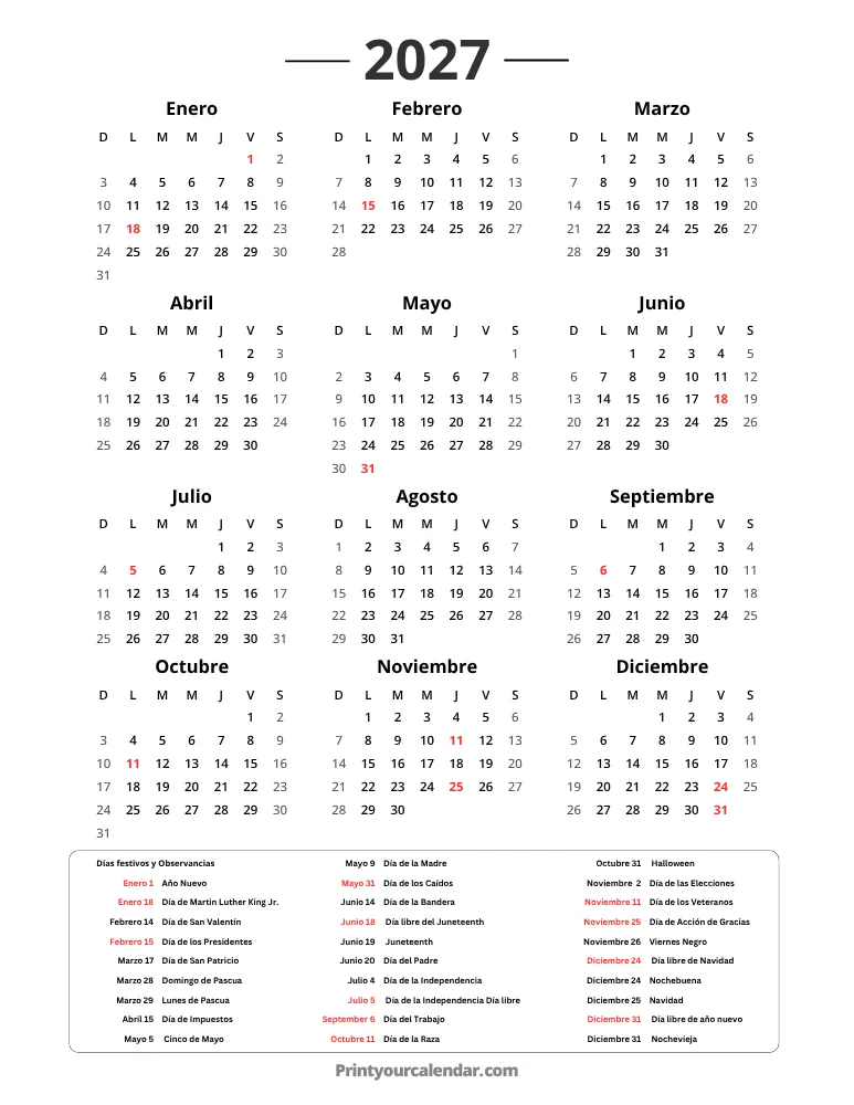 Calendario Año 2027 con Días Festivos