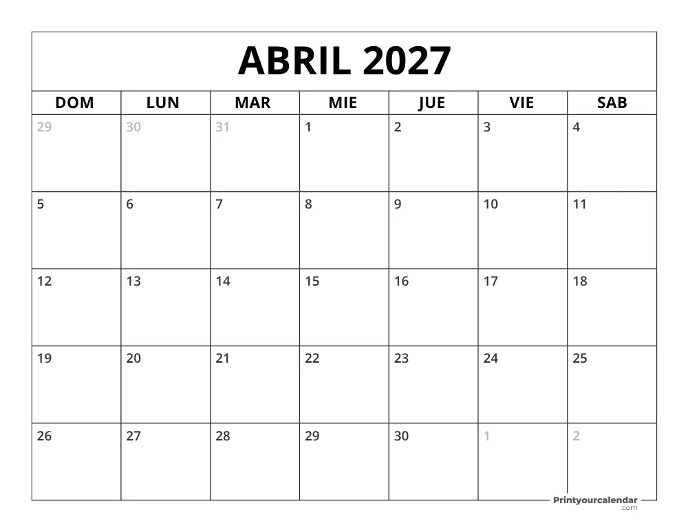 Calendario de abril 2027 inicio en lunes