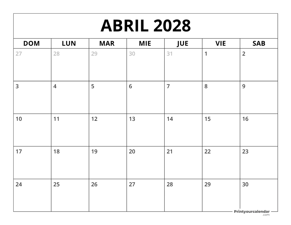 Calendario de abril 2028 inicio en lunes