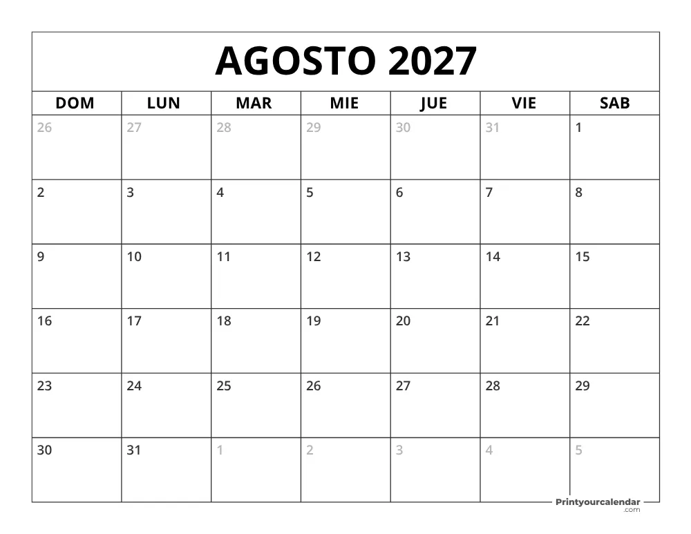 Calendario de agosto 2027 inicio en lunes