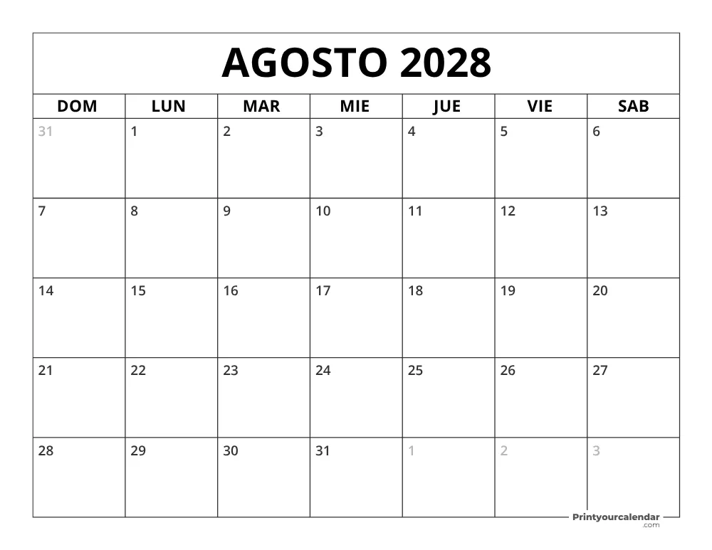 Calendario de agosto 2028 inicio en lunes