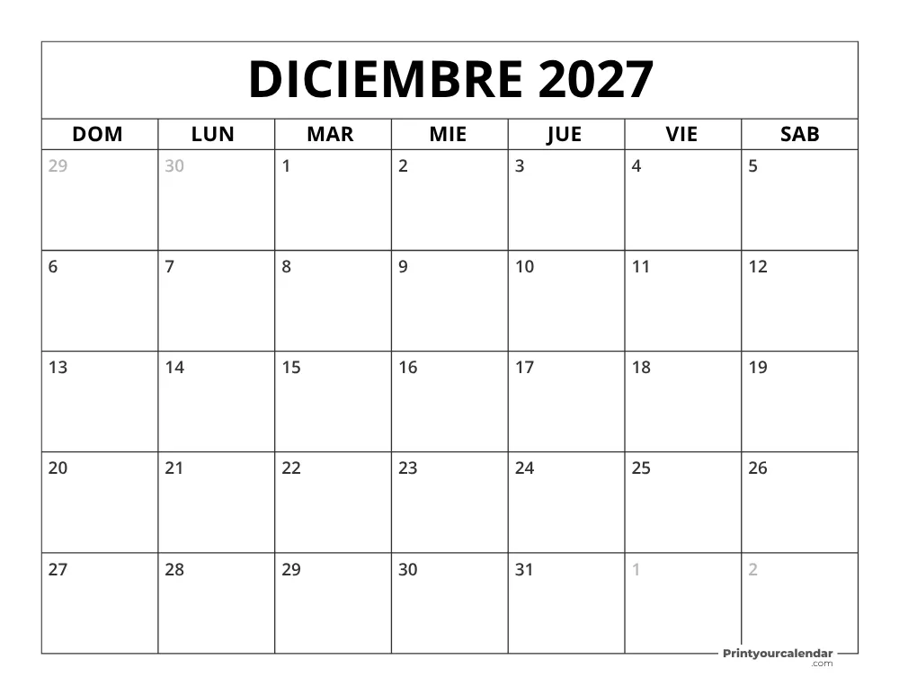Calendario de diciembre 2027 inicio en lunes