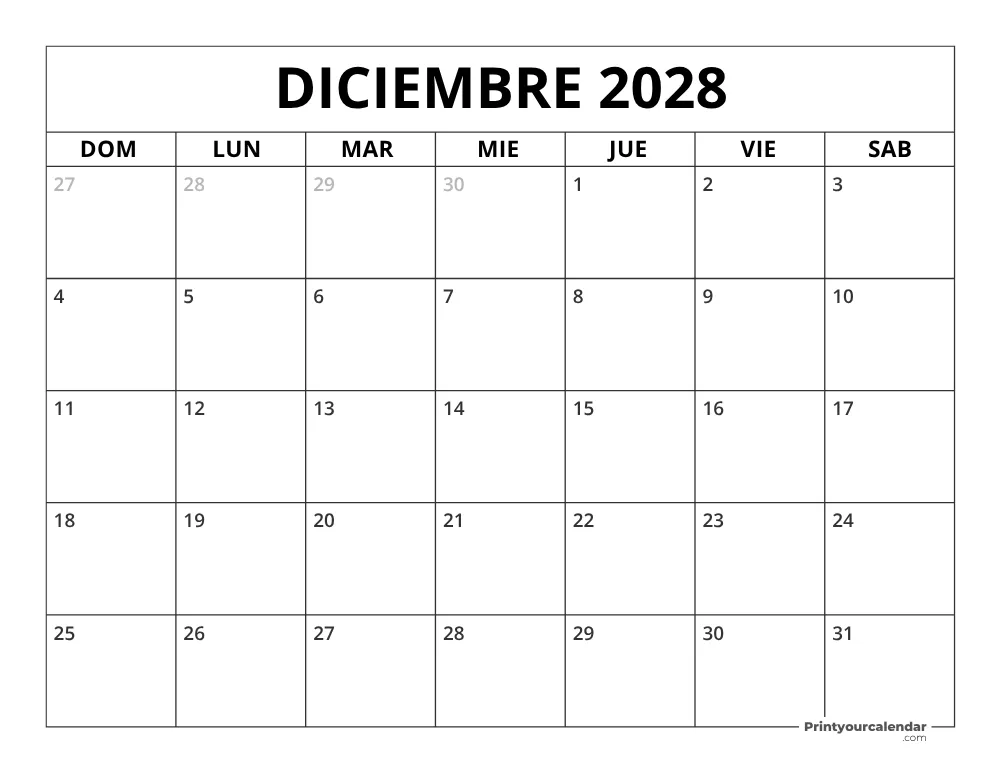 Calendario de diciembre 2028 inicio en lunes