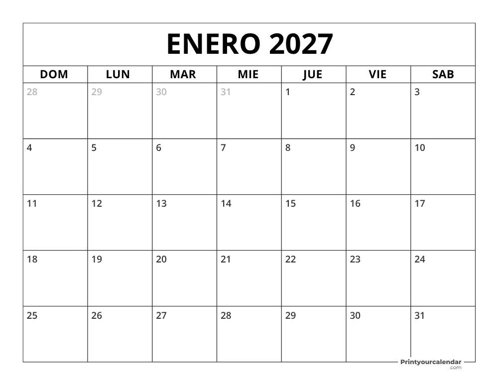 Calendario de enero 2027 inicio en lunes