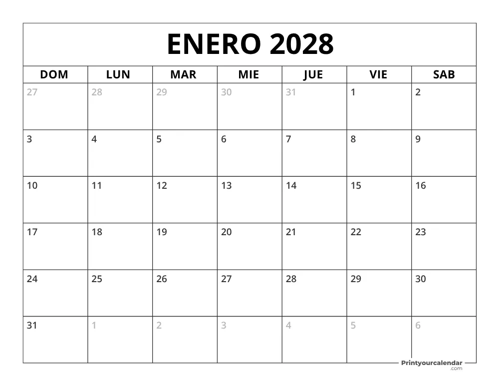 Calendario de enero 2028 inicio en lunes
