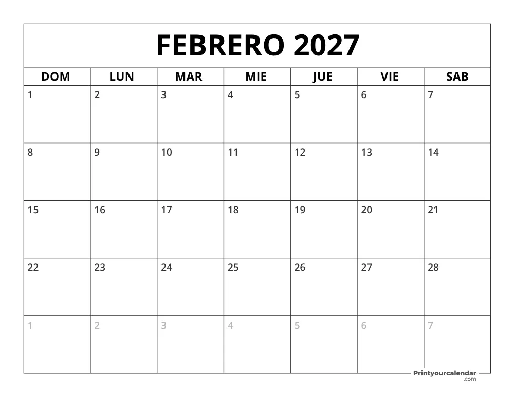 Calendario de febrero 2027 inicio en lunes