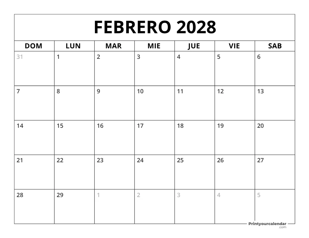 Calendario de febrero 2028 inicio en lunes