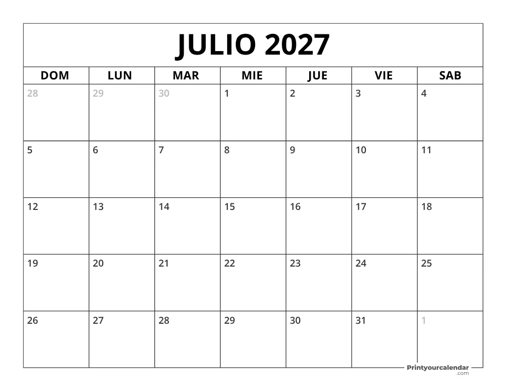 Calendario de julio 2027 inicio en lunes
