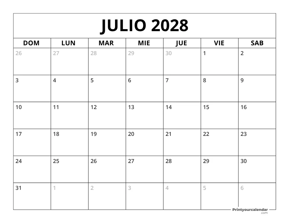 Calendario de julio 2028 inicio en lunes