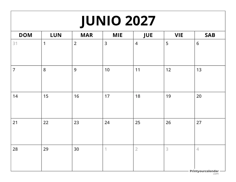 Calendario de junio 2027 inicio en lunes