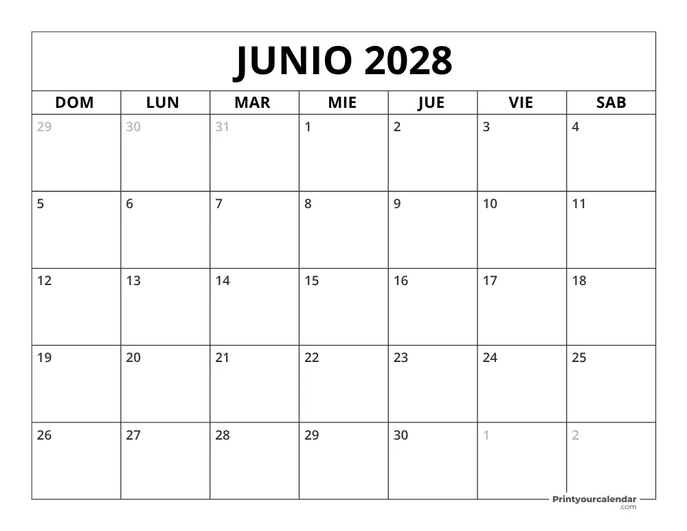 Calendario de junio 2028 inicio en lunes