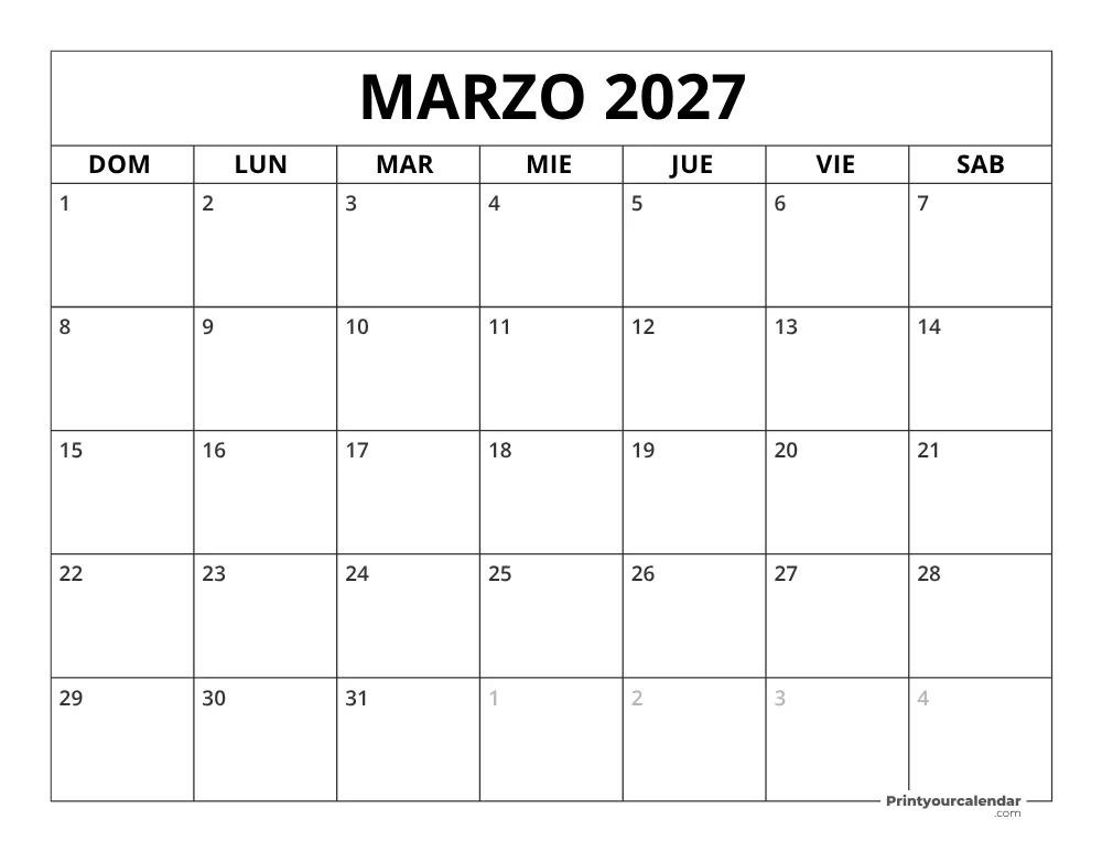 Calendario de marzo 2027 inicio en lunes