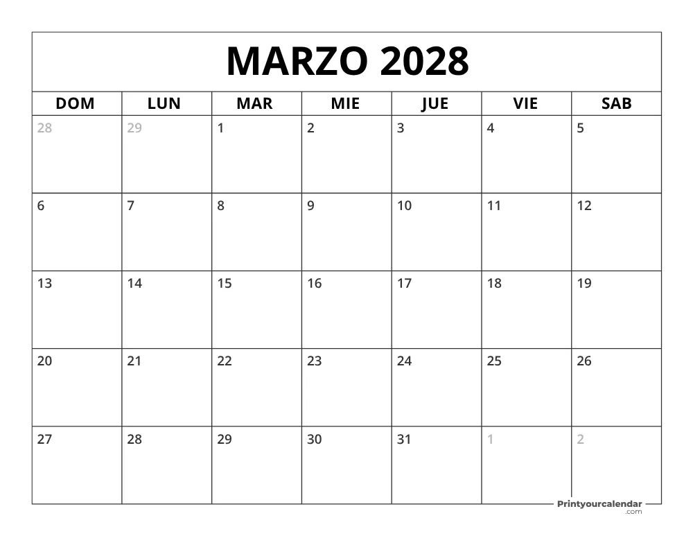 Calendario de marzo 2028 inicio en lunes