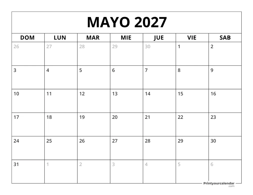 Calendario de mayo 2027 inicio en lunes