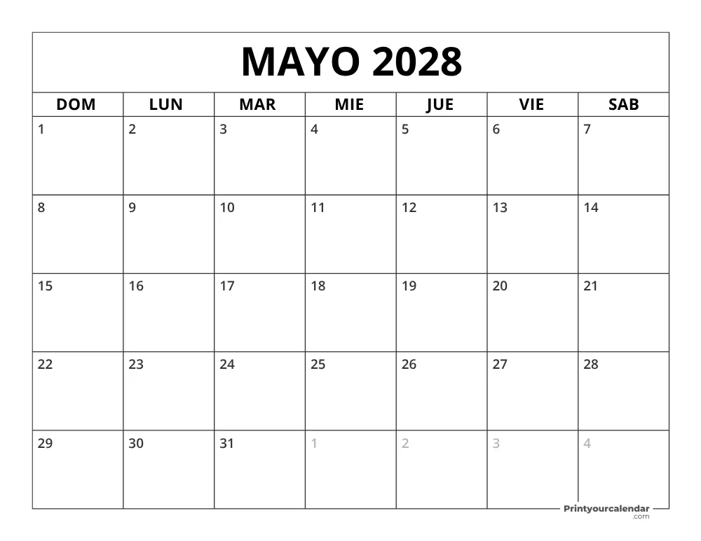 Calendario de mayo 2028 inicio en lunes
