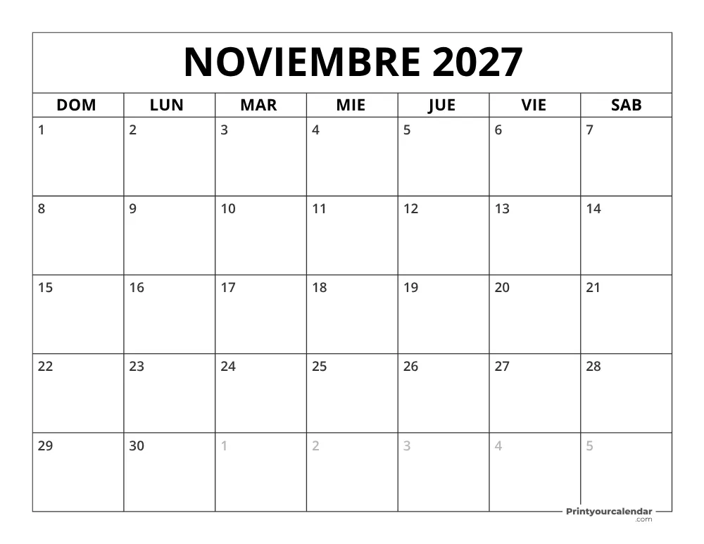 Calendario de noviembre 2027 inicio en lunes