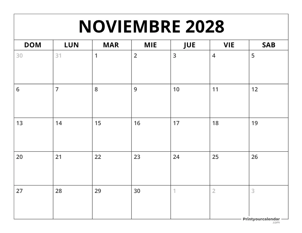 Calendario de noviembre 2028 inicio en lunes