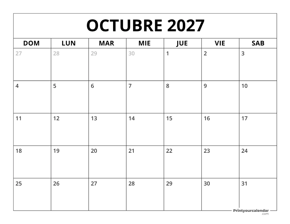 Calendario de octubre 2027 inicio en lunes