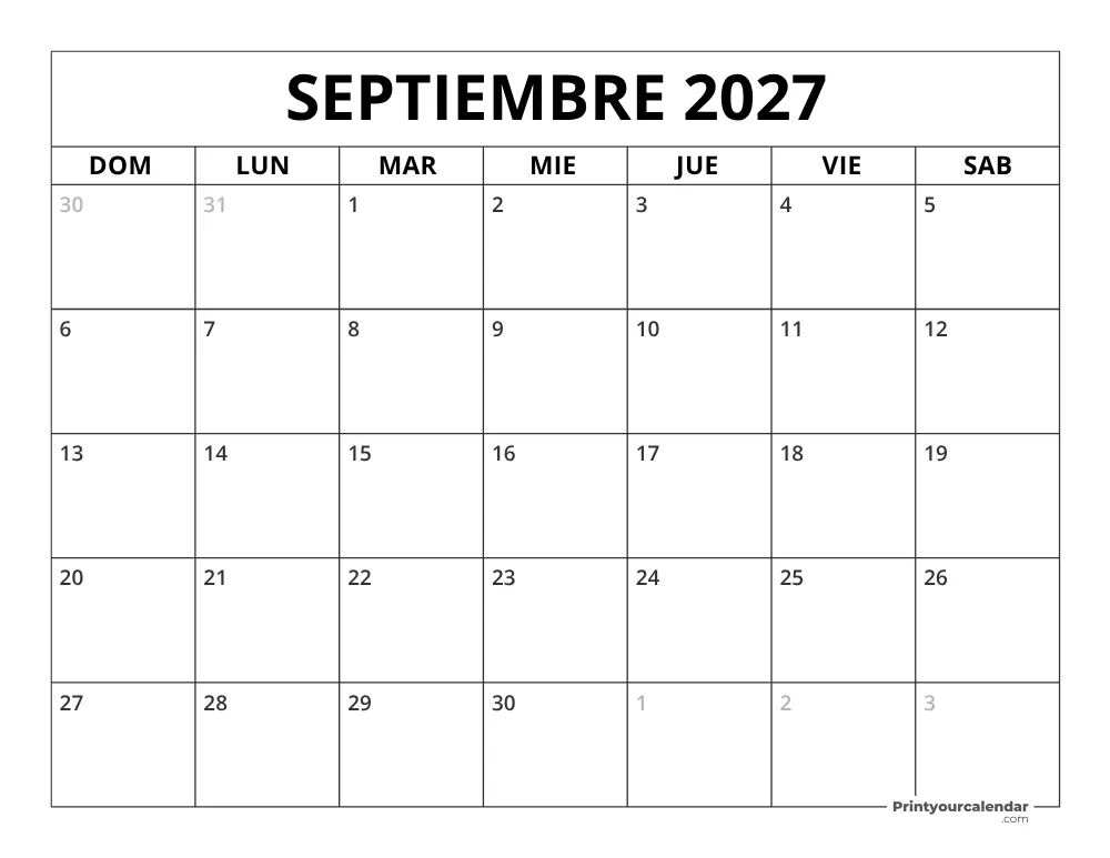 Calendario de septiembre 2027 inicio en lunes