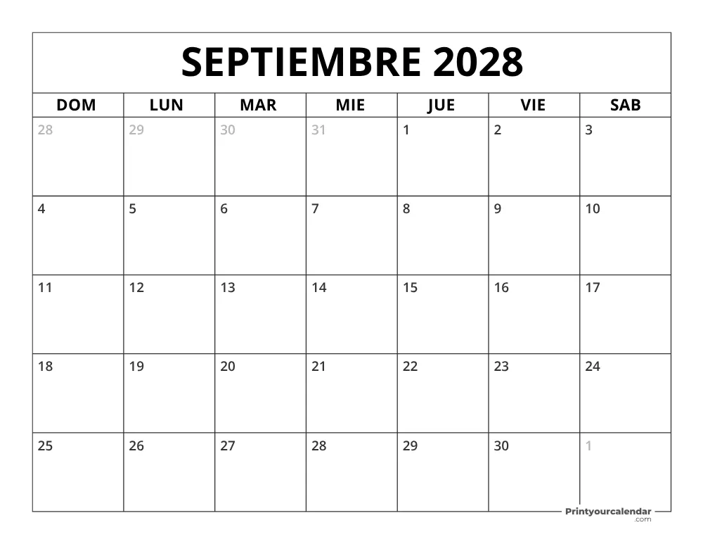 Calendario de septiembre 2028 inicio en lunes