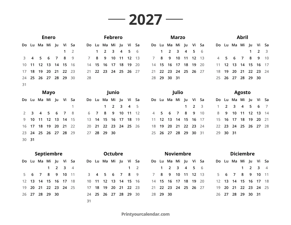 Calendario del año 2027
