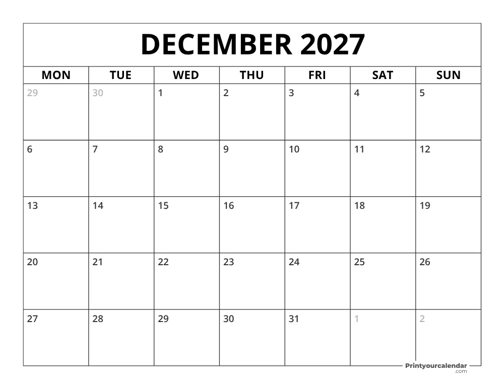 December 2027 Calendar Monday Start
