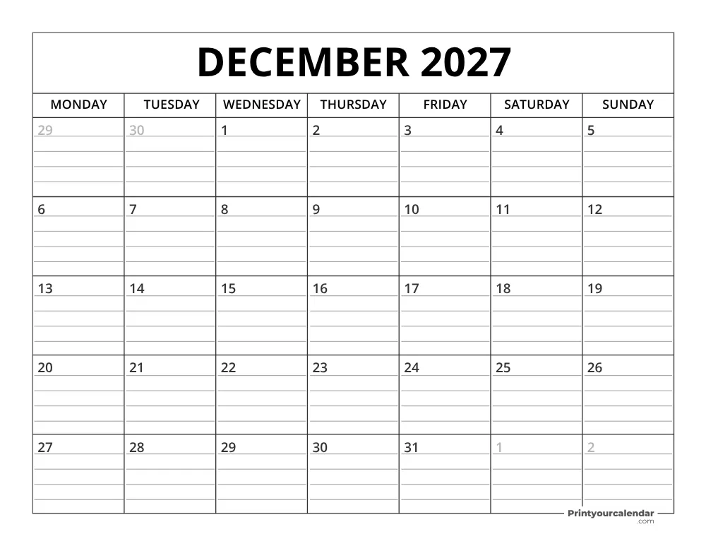 December 2027 Calendar Template Monday Start