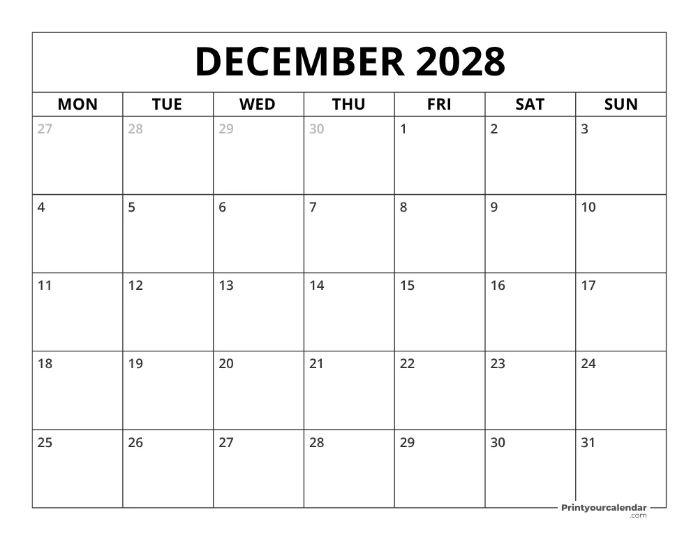 December 2028 Calendar Monday Start