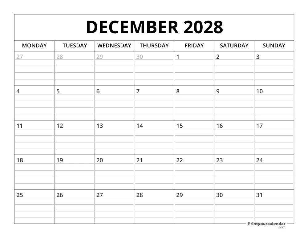 December 2028 Calendar Template Monday Start