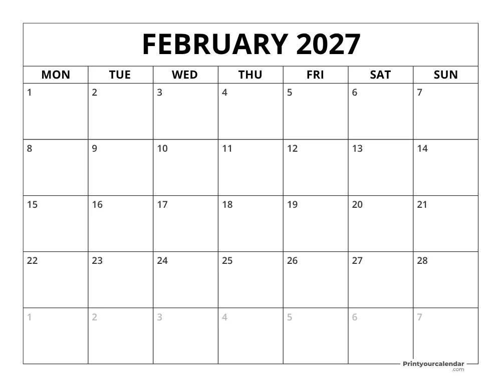 February 2027 Calendar Monday Start