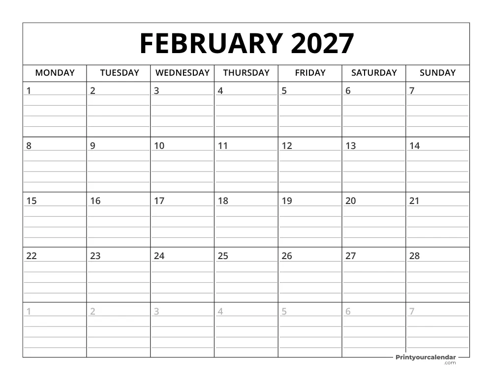 February 2027 Calendar Template Monday Start