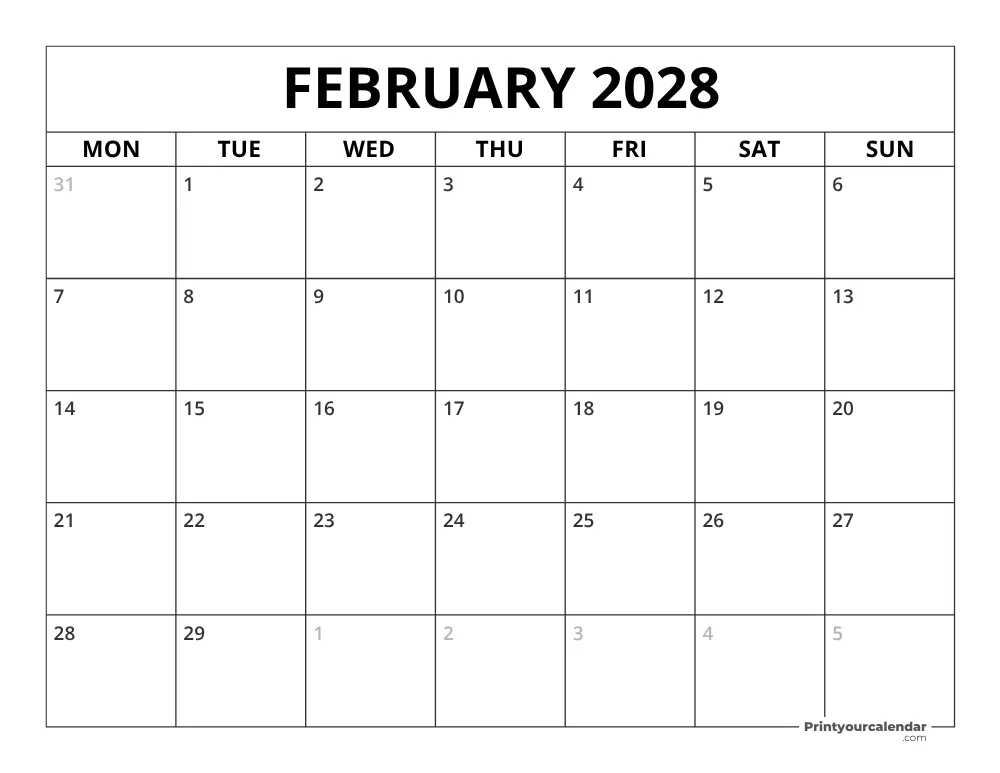 February 2028 Calendar Monday Start